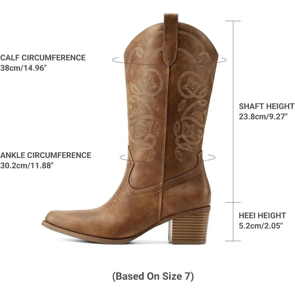 Dream Pairs Women's Tan Cowgirl Western Boot Fashion Embroidery Mid Calf Boots - Picture 4 of 6